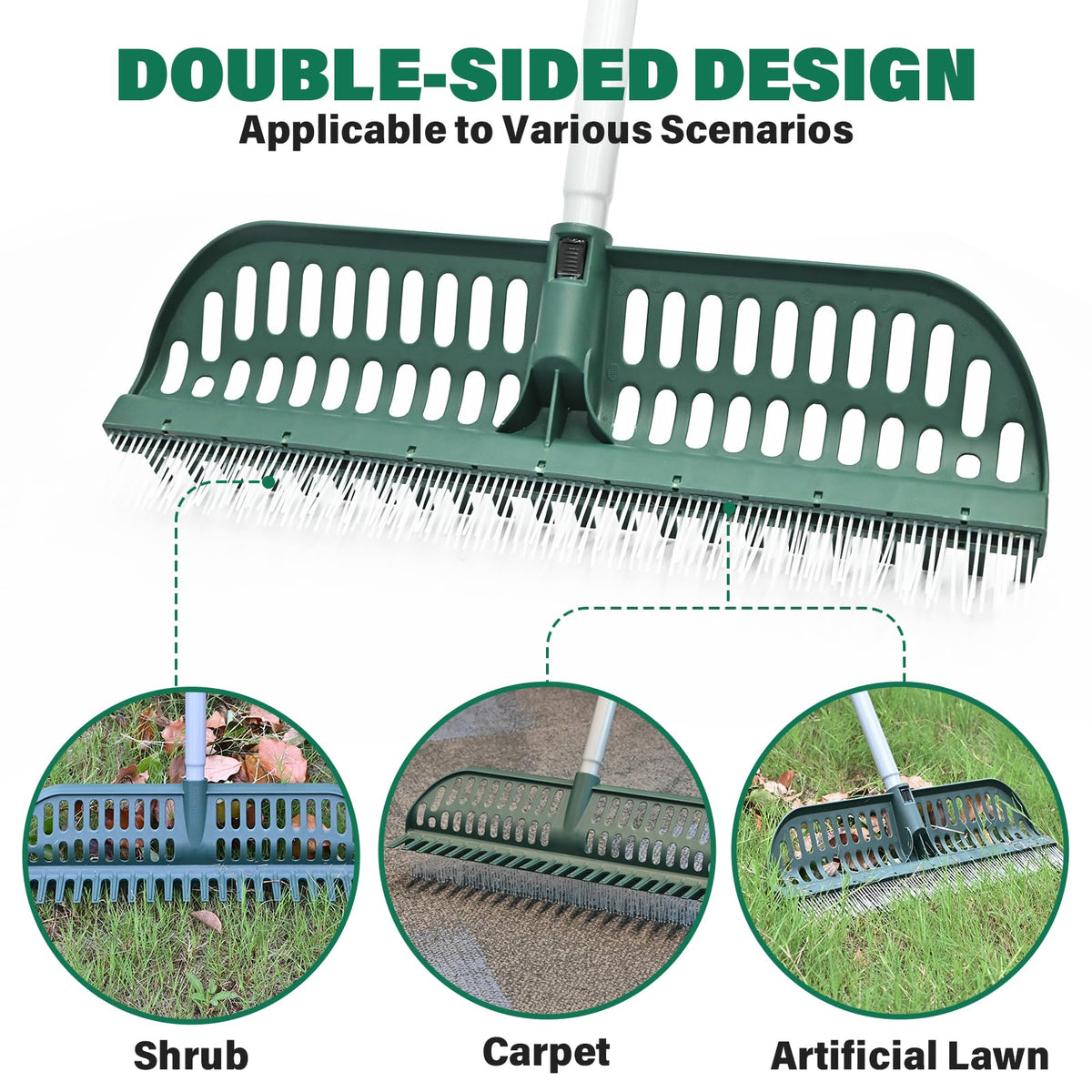 SOYUS artificial turf rake wide-head covers more ground for quick cleanups.