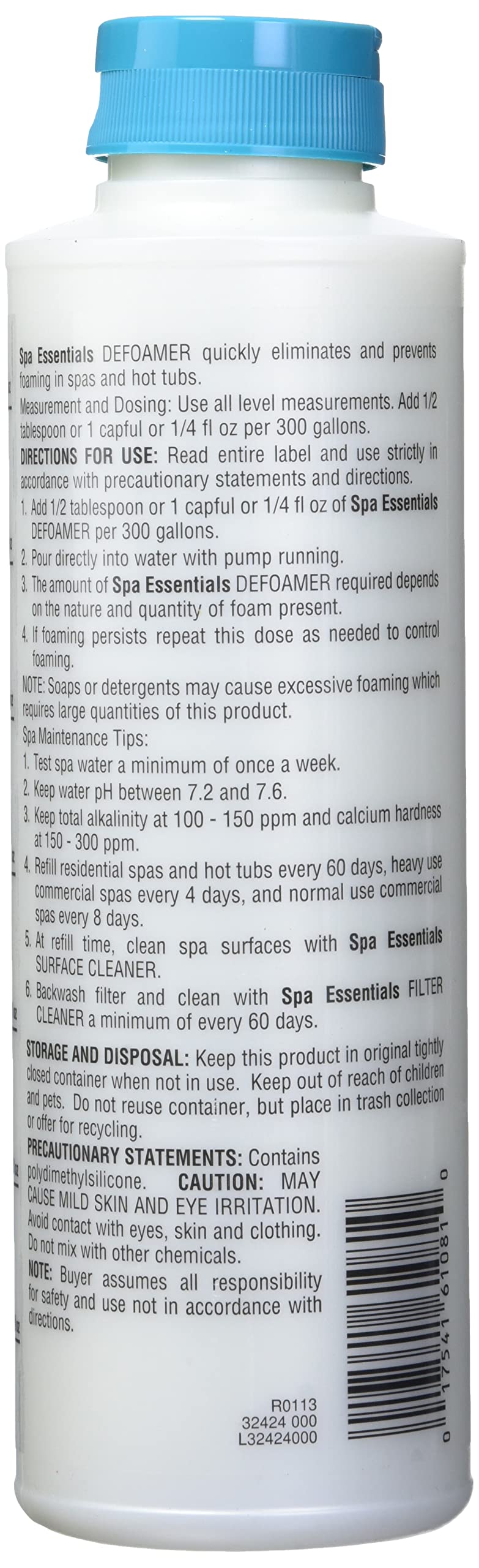Spa Essentials Defoamer helps keep spa water clear and surfaces clean