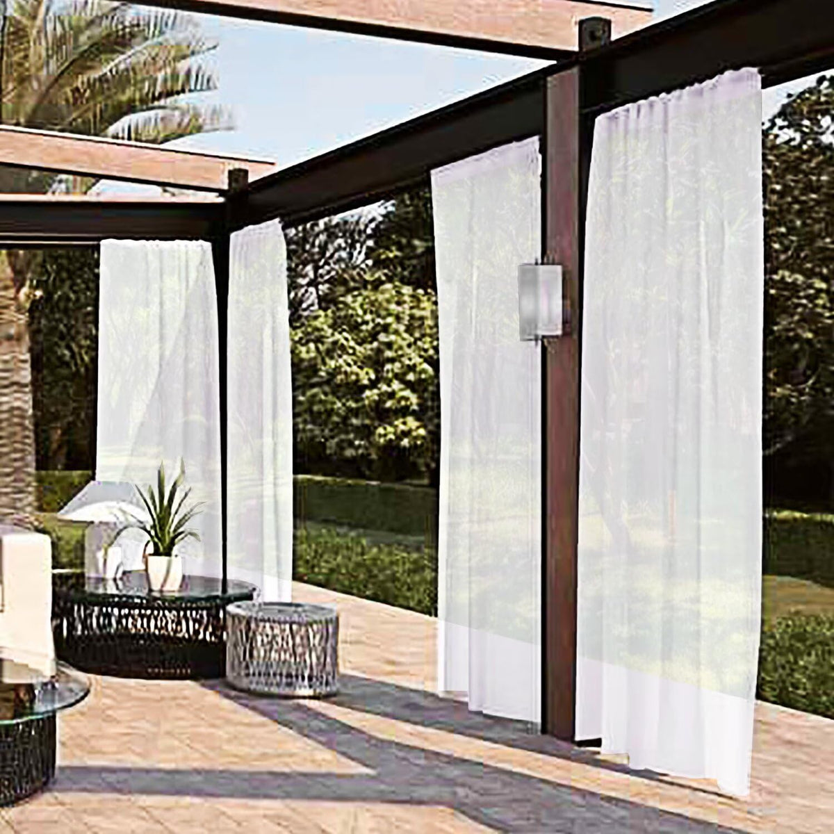 Close-up texture of SpaceDresser outdoor sheer curtain fabric showing light diffusion