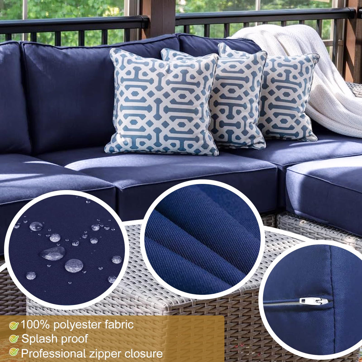 SpaceHop navy waterproof cushion cover protects cushions from spills.