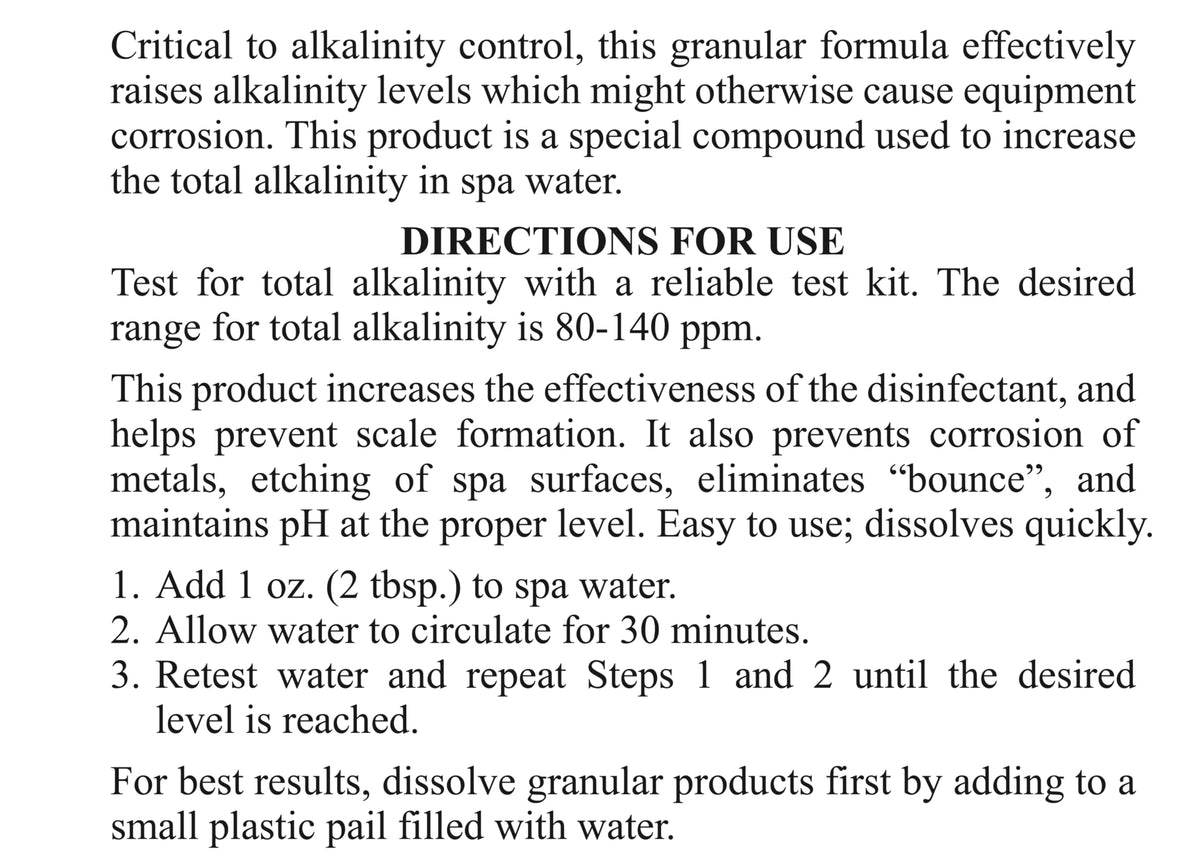 SpaChoice Alkalinity Up added to spa water supports balanced pH and disinfection
