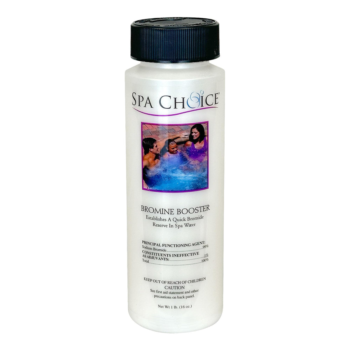 SpaChoice bromine booster bottle close-up illustrating bromide reserve for hot tubs.