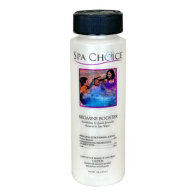SpaChoice bromine booster bottle close-up illustrating bromide reserve for hot tubs.
