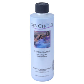 SpaChoice clear-sparkle bottle pour showing fast-acting spa clarifier for clear water.