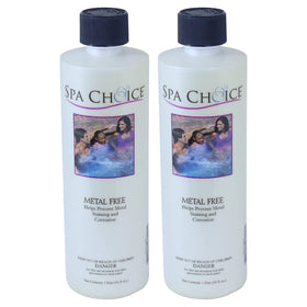 SpaChoice Metal Free bottle for easy spa refills and stain prevention.