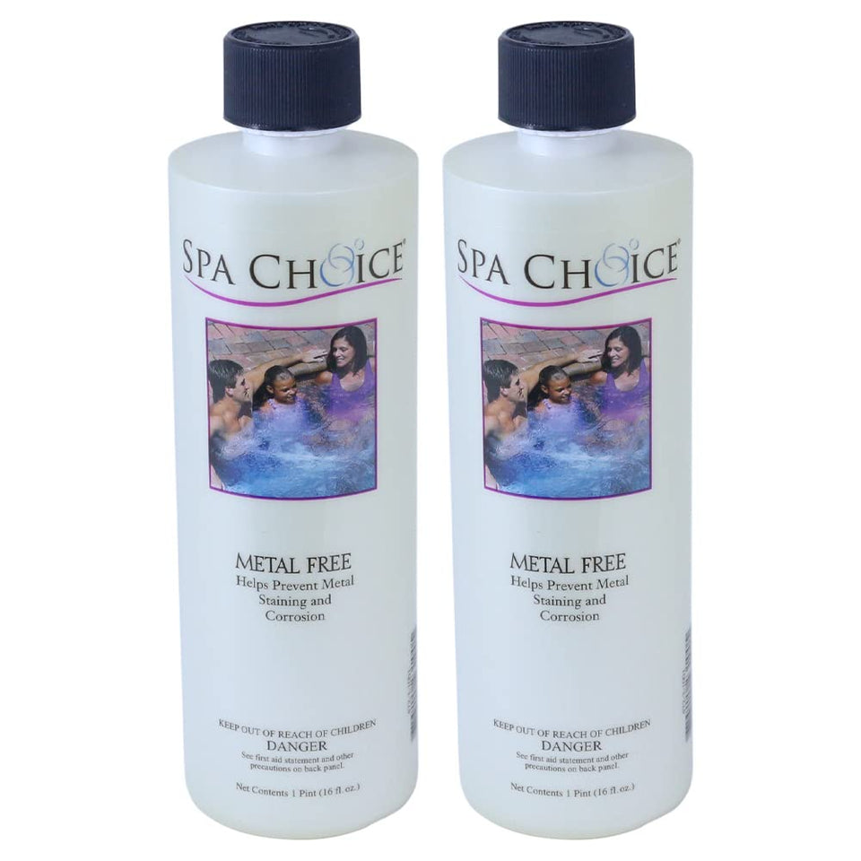 SpaChoice Metal Free bottle for easy spa refills and stain prevention.