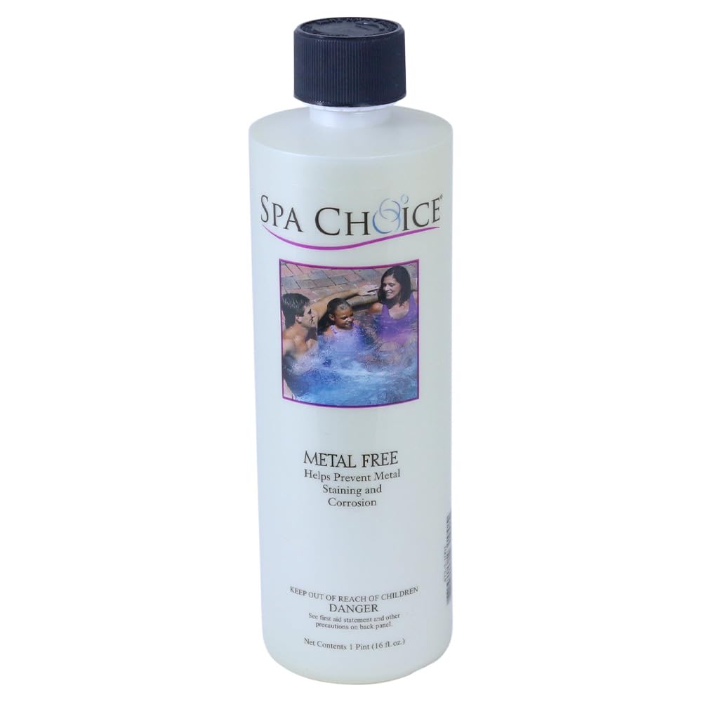 SpaChoice metal-free 1-pint bottle for spa water stain prevention.