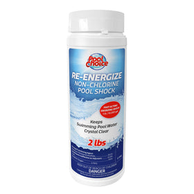 SpaChoice Re-Energize bottle pour shows non-chlorine pool shock for clarity