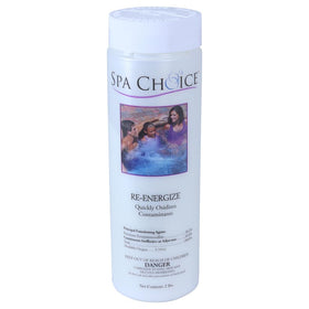 SpaChoice Re-Energize Spa Shock bottle label highlighting strong oxidation for spa care.