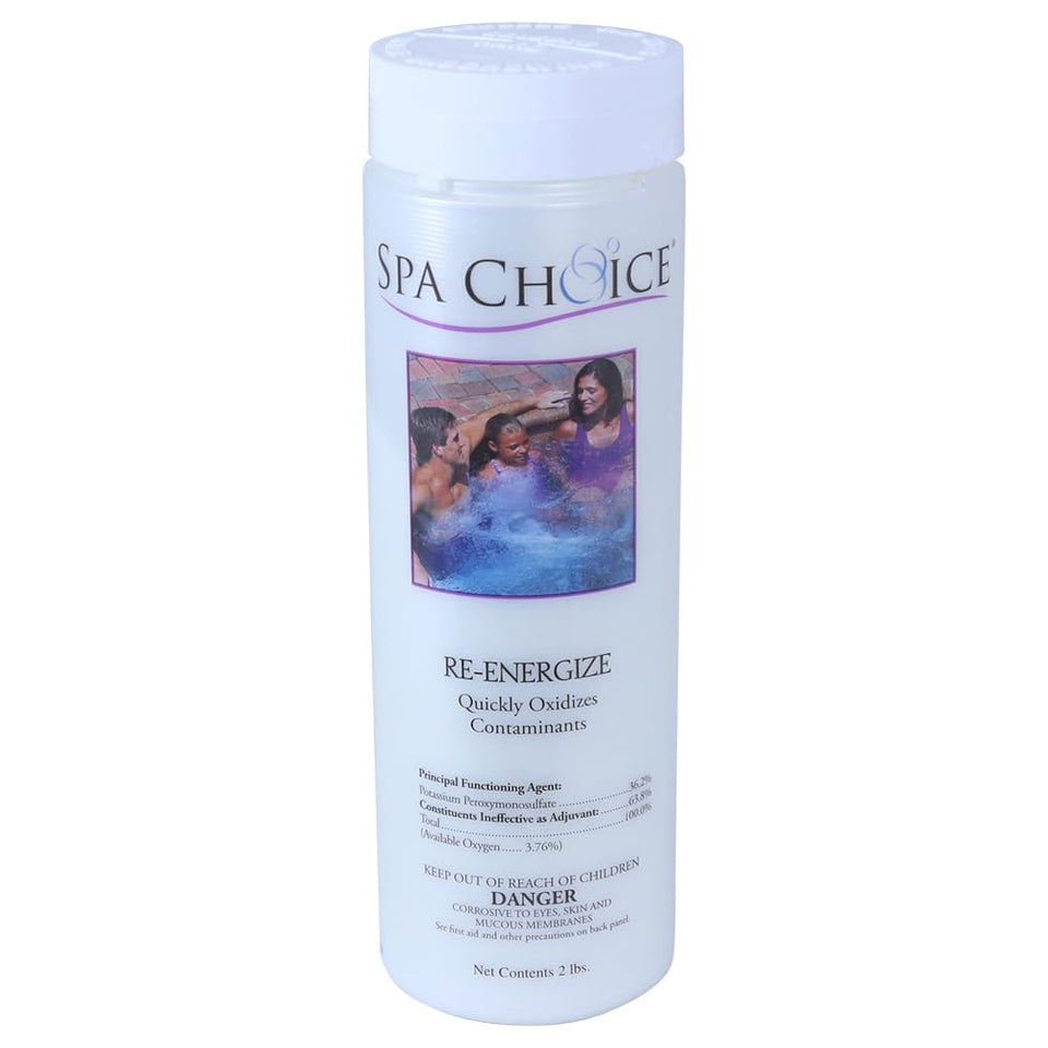 SpaChoice Re-Energize Spa Shock bottle label highlighting strong oxidation for spa care.