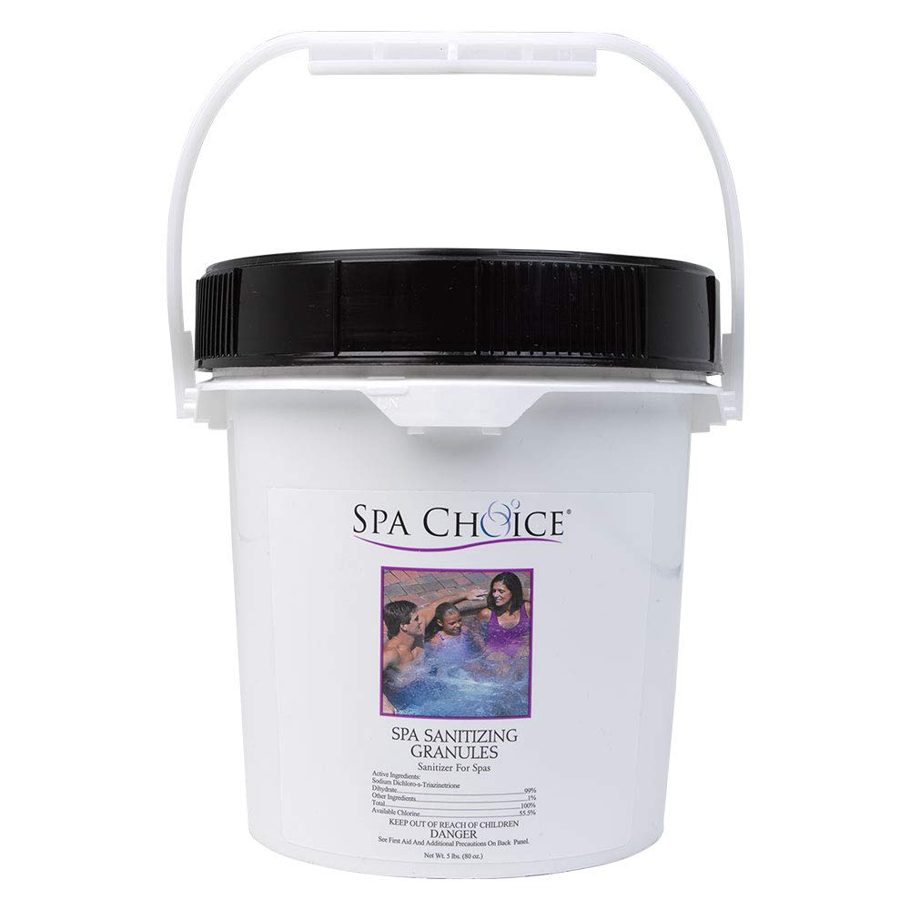 SpaChoice spa chlorine granules dissolve quickly to sanitize hot tub water.