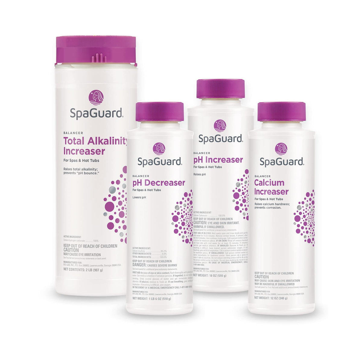 SpaGuard Balancer pH Decreaser bottle for precise pH control in spa water.