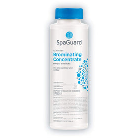 SpaGuard Brominating Concentrate pump-dispense shows easy dosing while the pump runs.