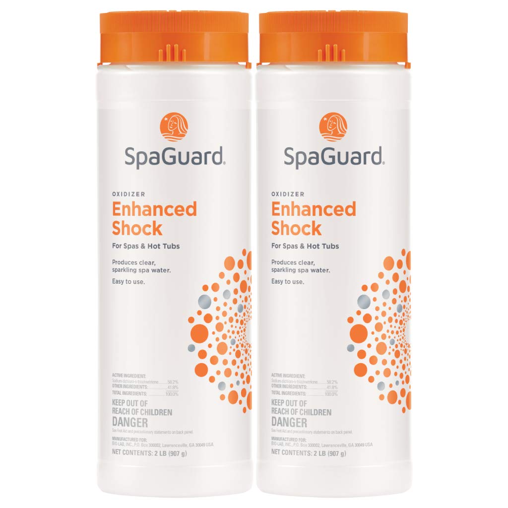 SpaGuard Enhanced Shock bottle closeup highlights fast-acting oxidation for sparkling spa water.