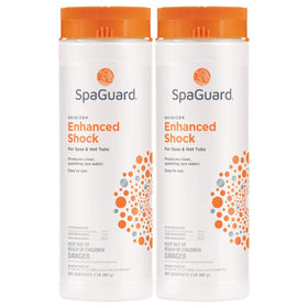 SpaGuard Enhanced Shock bottle closeup highlights fast-acting oxidation for sparkling spa water.