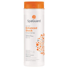 SpaGuard Enhanced Shock pool water image illustrates clarifying power for clearer filtration.