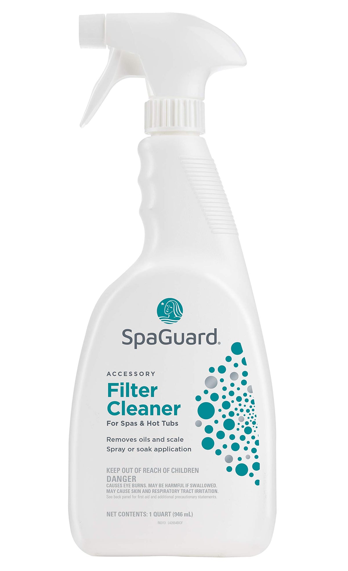 SpaGuard Filter Cleaner 1 qt bottle ready for spray application to remove oils and scale.