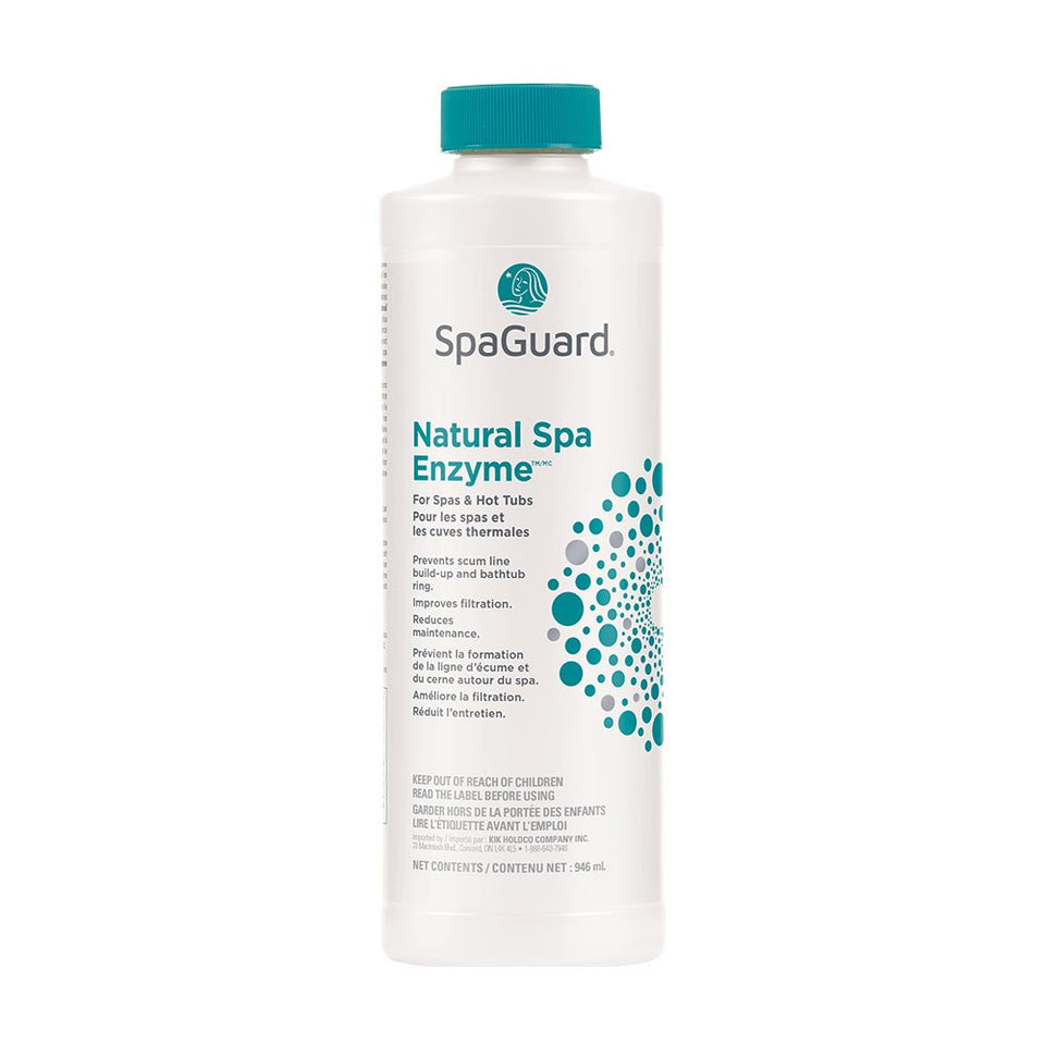 SpaGuard Natural Spa Enzyme bottle helps remove oils and maintain clear spa water