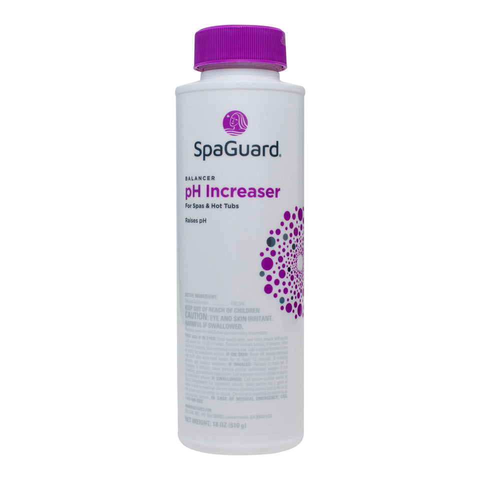SpaGuard pH Increaser bottle highlights balanced spa water and equipment protection