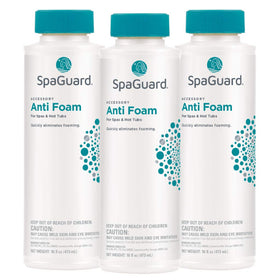 SpaGuard Spa Anti-Foam bottle pour demonstrates quick foam reduction in a hot tub