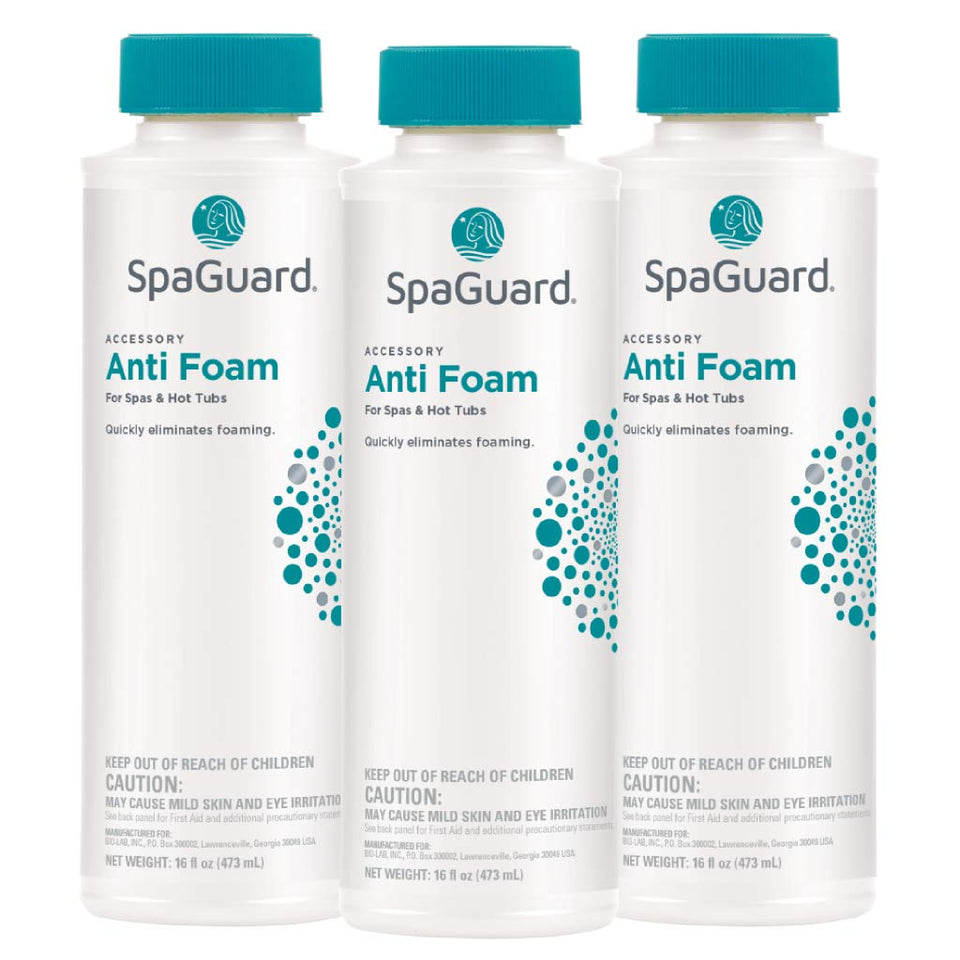 SpaGuard Spa Anti-Foam bottle pour demonstrates quick foam reduction in a hot tub