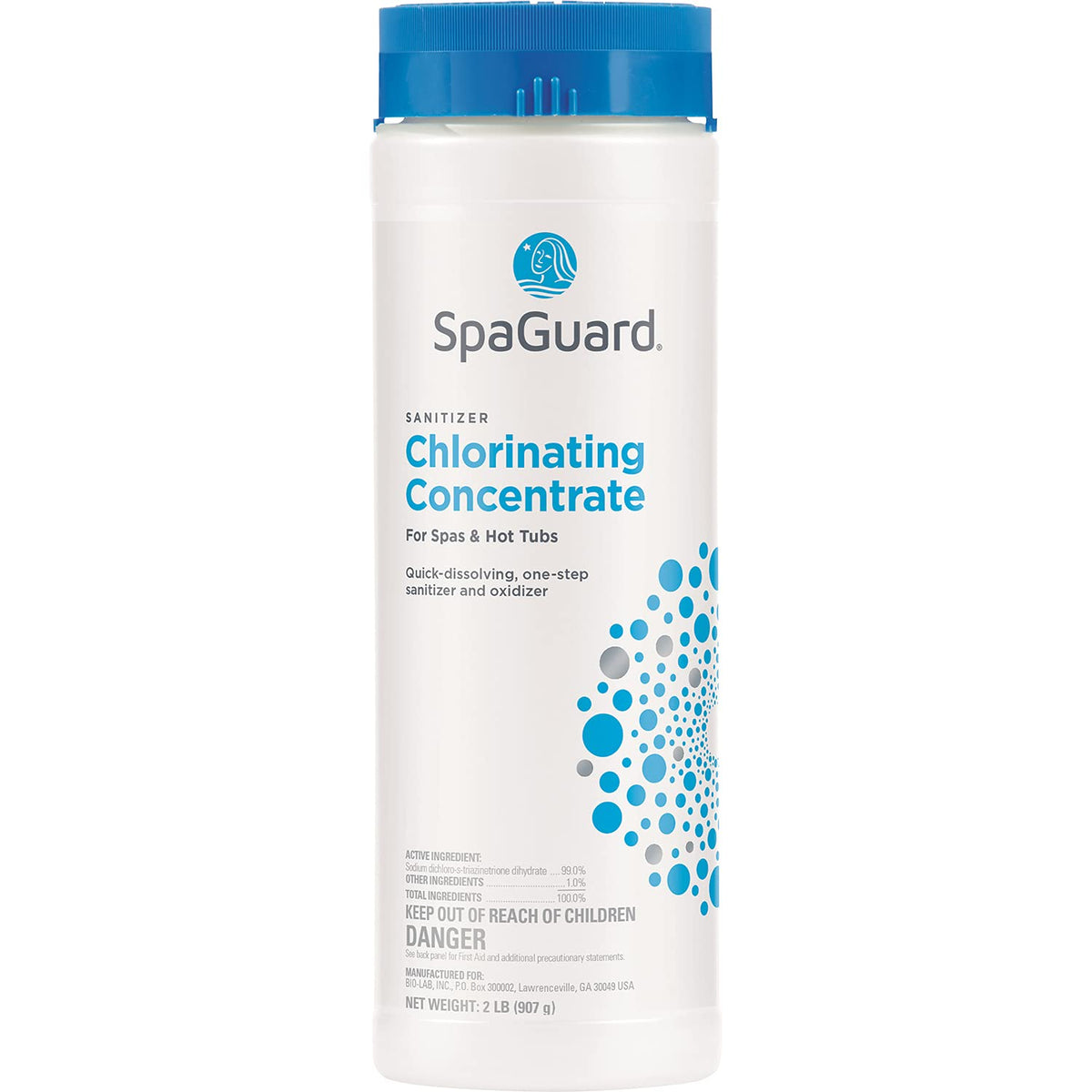 SpaGuard Spa Chlorinating Concentrate granules dissolving in spa water for quick sanitizing