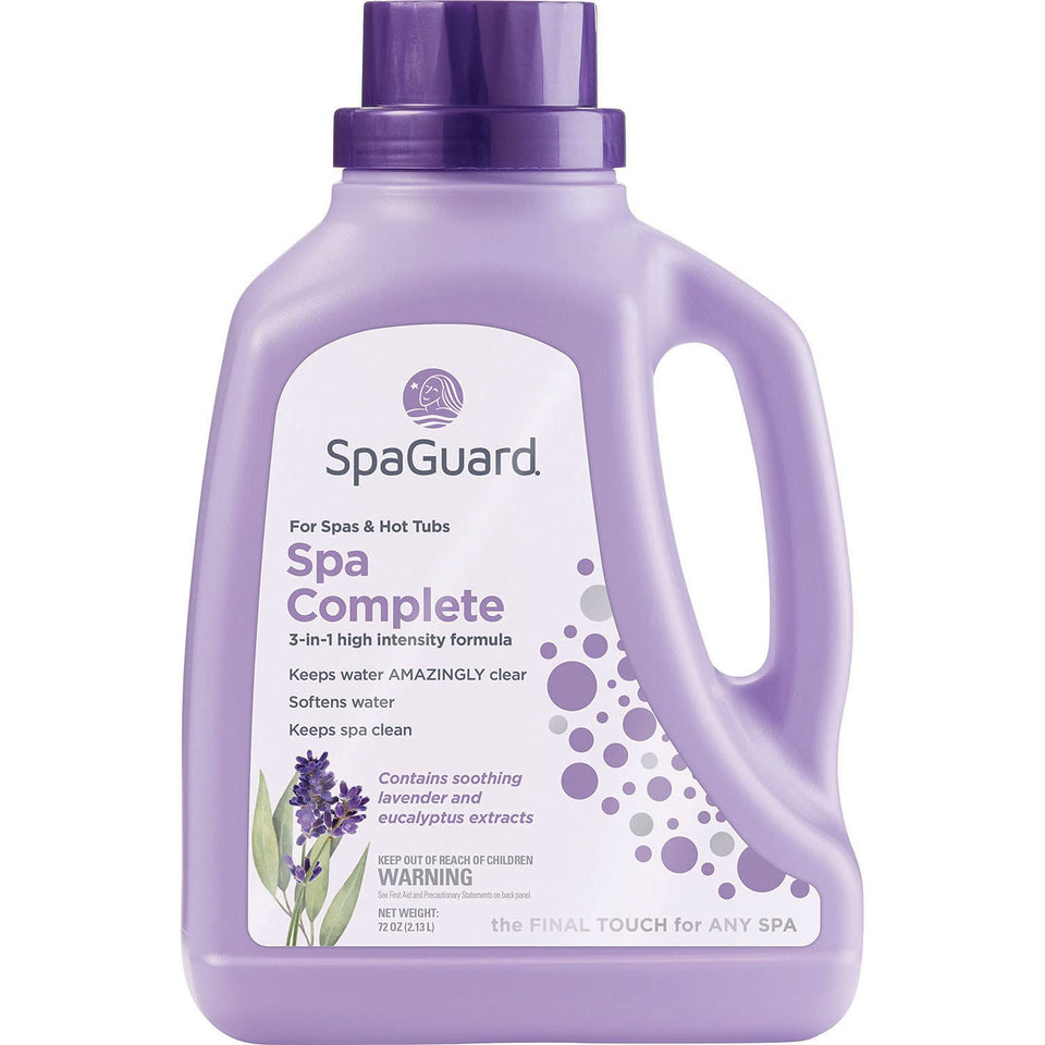 SpaGuard Spa Complete bottle pour demonstrating a 3-in-1 formula for silky spa water