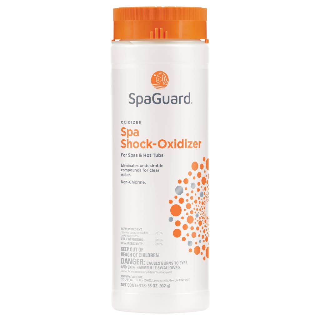 Close-up of SpaGuard label highlighting non-chlorine oxidation benefits.