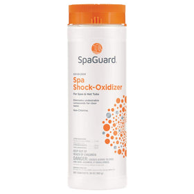 Close-up of SpaGuard label highlighting non-chlorine oxidation benefits.