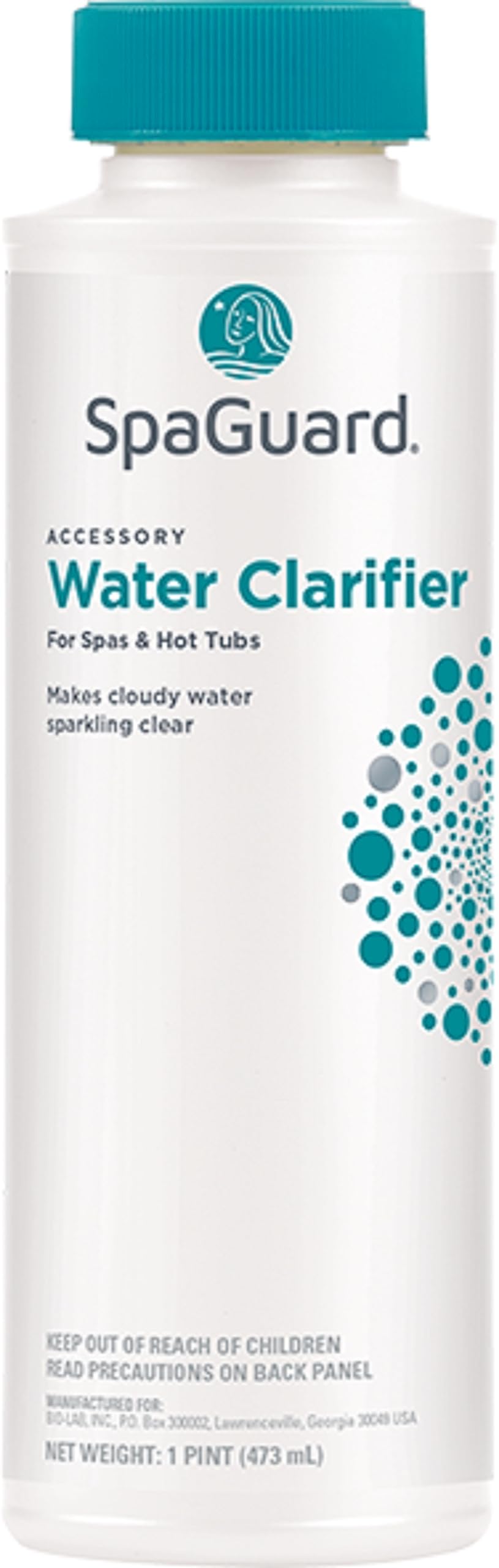 SpaGuard Spa Water Clarifier bottle demonstrates sparkling, clear spa water.