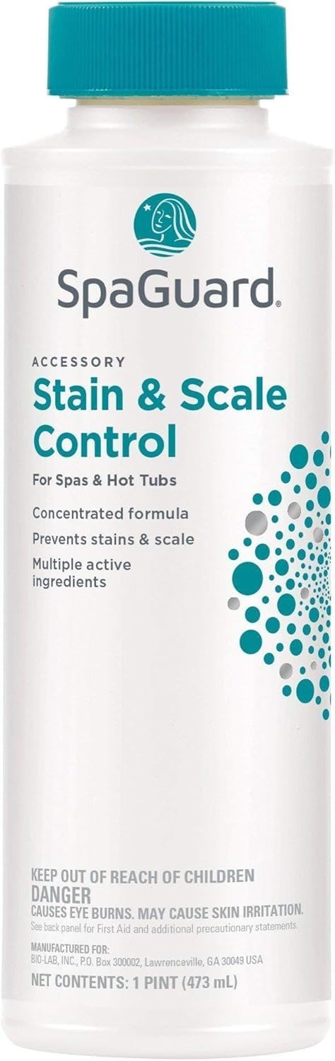 SpaGuard Stain & Scale Control bottle pour demonstrating easy application to prevent scale buildup.