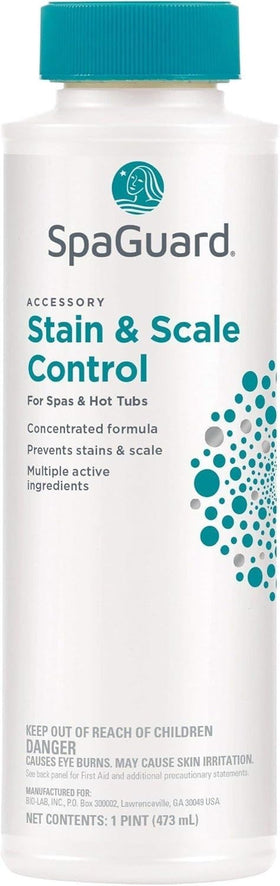 SpaGuard Stain & Scale Control bottle pour demonstrating easy application to prevent scale buildup.