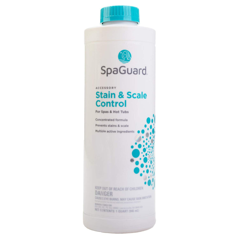 SpaGuard Stain & Scale Control bottle pour for spa water to prevent mineral stains and scale.