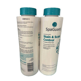 SpaGuard Stain & Scale Control label close-up showing instructions to reduce stains.