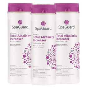 SpaGuard Total Alkalinity Increaser bottle being poured to stabilize spa water balance.