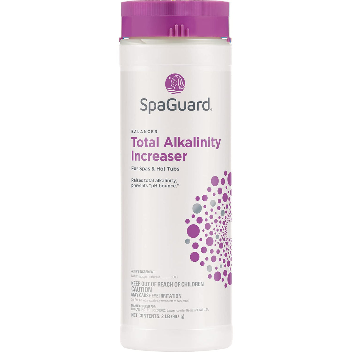 SpaGuard Total Alkalinity Increaser 2lb bottle perched on a surface, ready to balance spa water