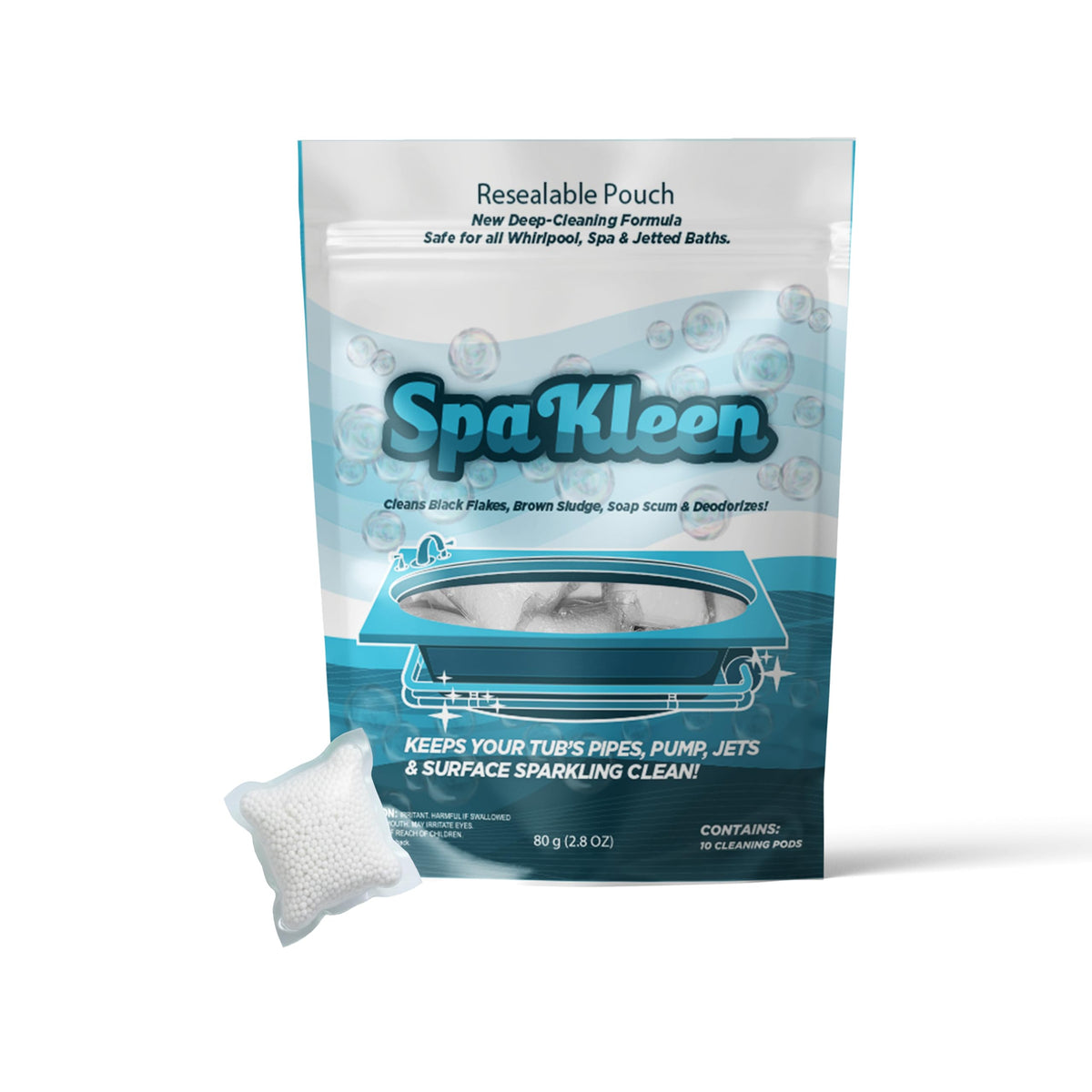 SpaKleen jetted tub cleaner powder poured into a whirlpool to target internal buildup.
