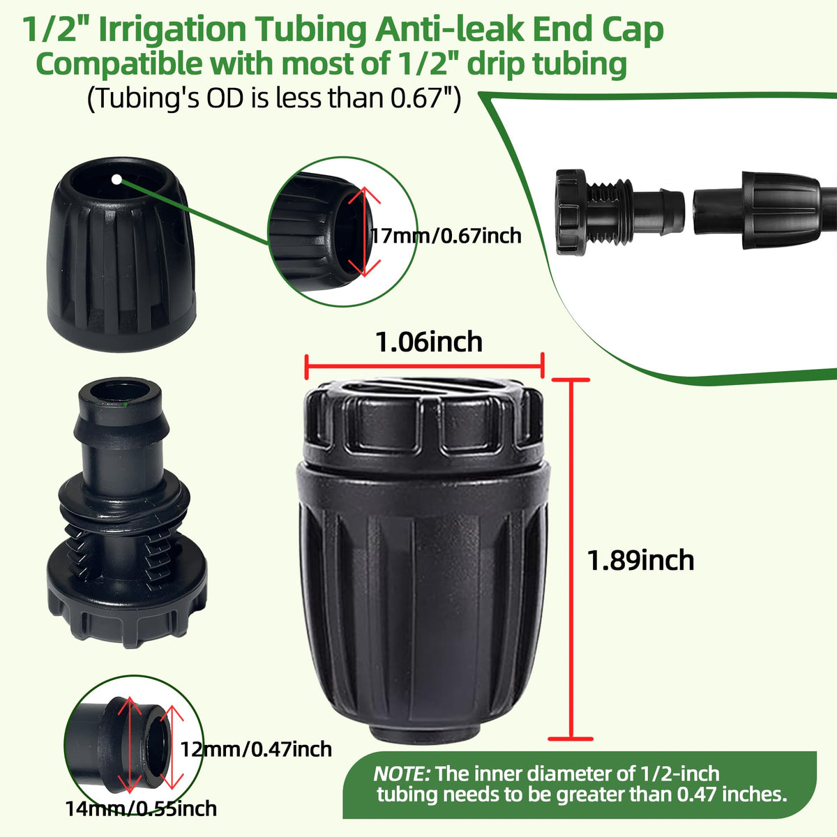 Spalolen 1/2-inch end cap installed on irrigation tubing for reliable closure.