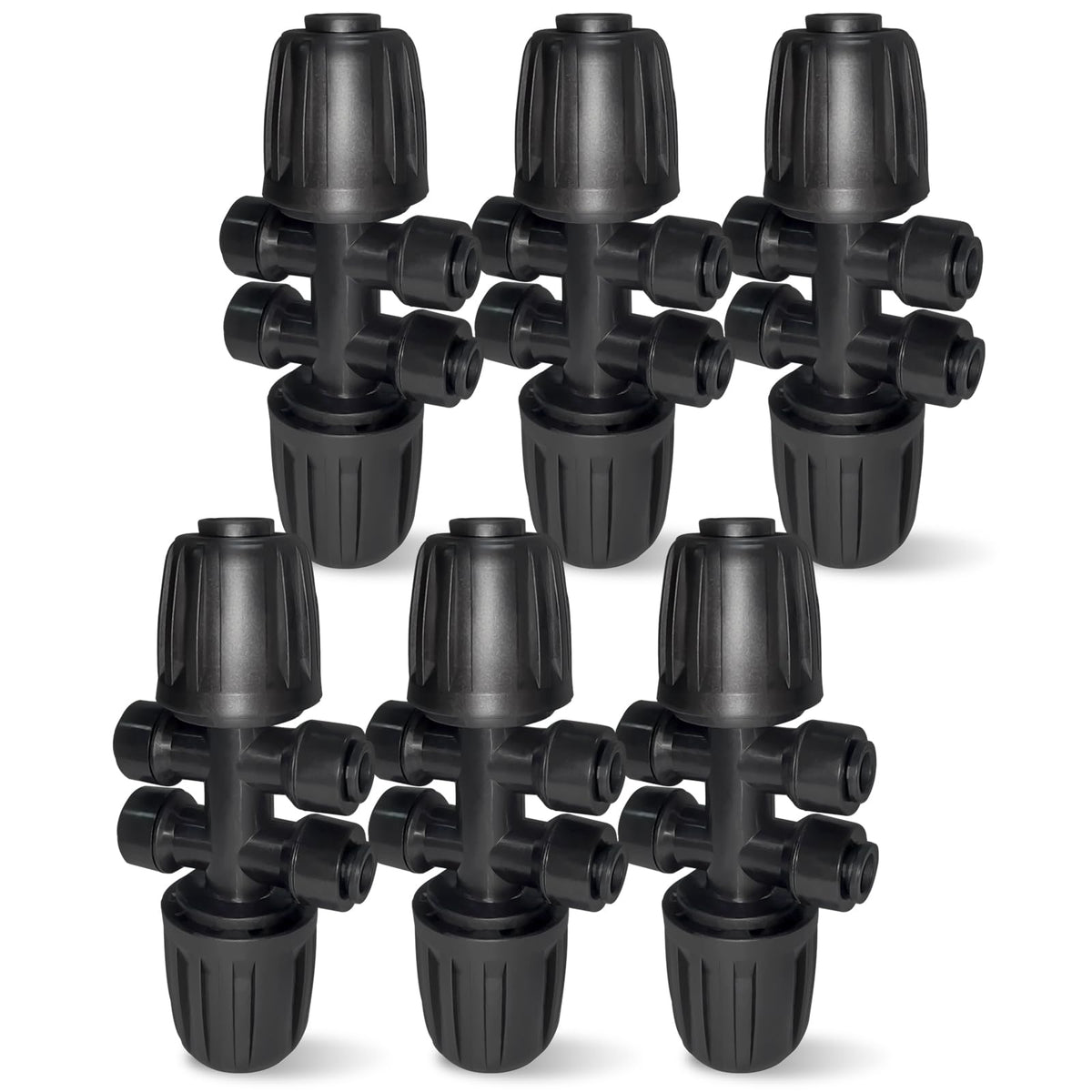Spalolen 6-way drip fitting closeup showing leak-free barbs for steady watering.