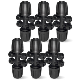 Spalolen 6-way drip fitting closeup showing leak-free barbs for steady watering.