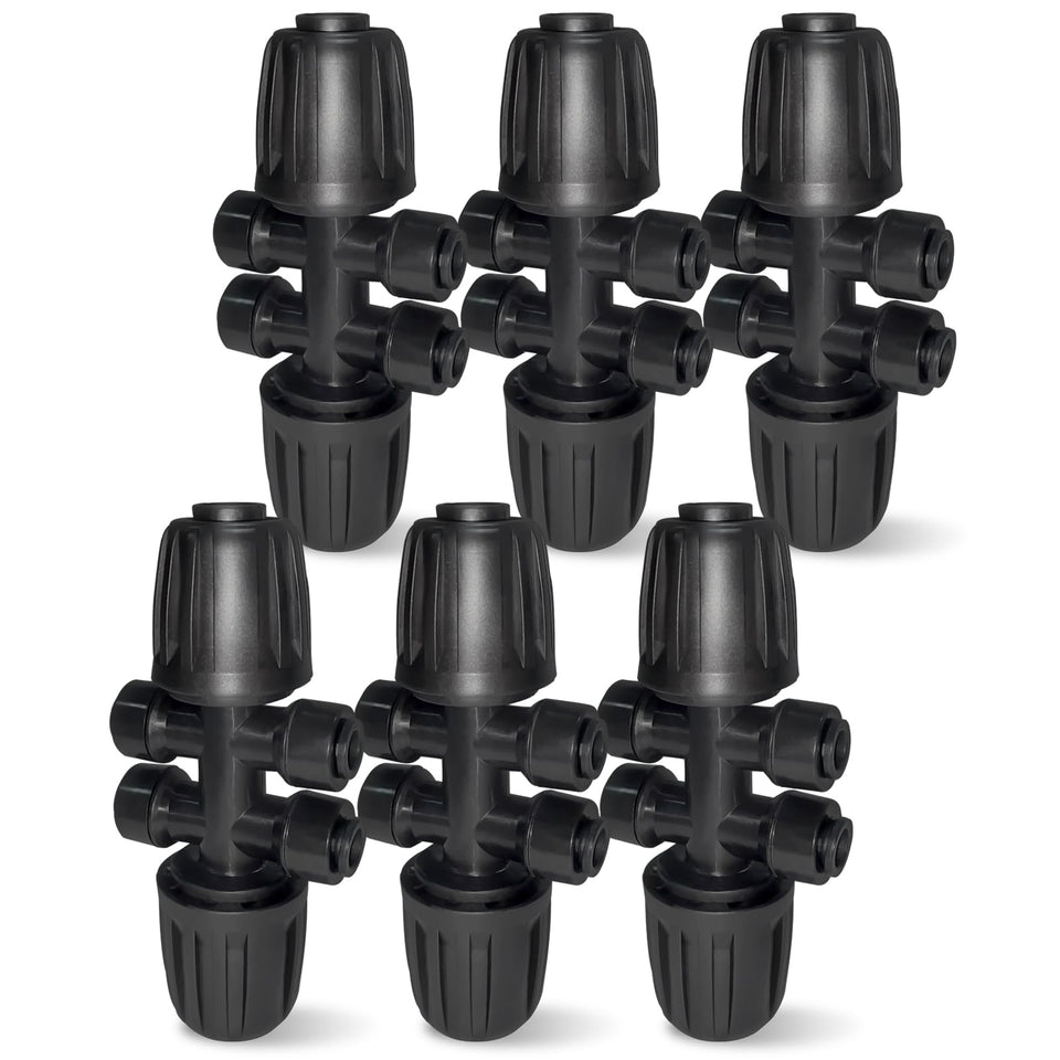 Spalolen 6-way drip fitting closeup showing leak-free barbs for steady watering.