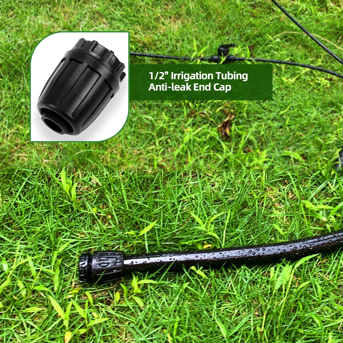 Spalolen end cap keeps garden drip lines organized and watertight outdoors.