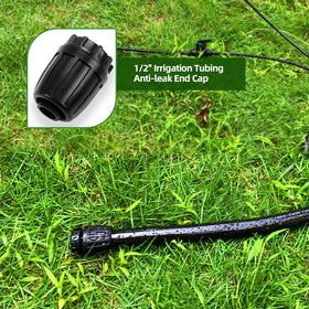 Spalolen end cap keeps garden drip lines organized and watertight outdoors.