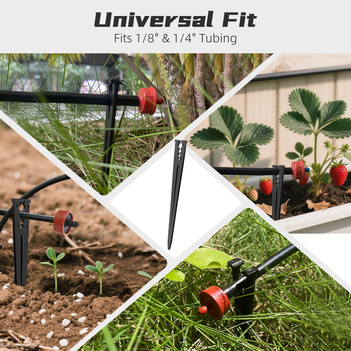 Spalolen low-profile black stake blends with soil for tidy irrigation.