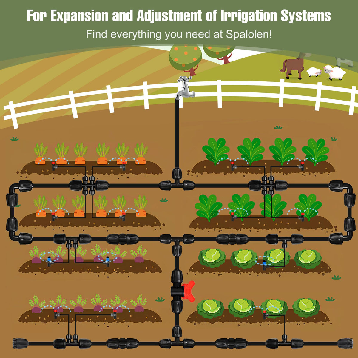 Spalolen multi-use irrigation setup for gardens, greenhouses, and hydroponics.