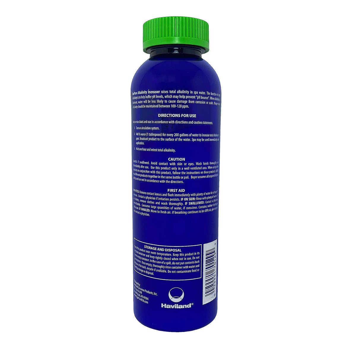 SpaPure Alkalinity Increaser 16oz bottle label demonstrates dosage to prevent pH bounce.