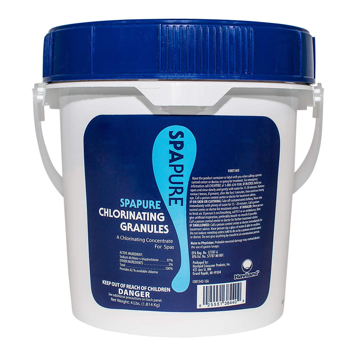 SpaPure chlorinating granules bottle for spa water sanitization and clarity