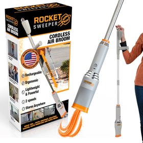 Spark Innovators Rocket Sweeper cordless air broom clears leaves on patio