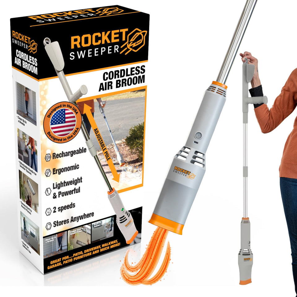 Spark Innovators Rocket Sweeper cordless air broom clears leaves on patio