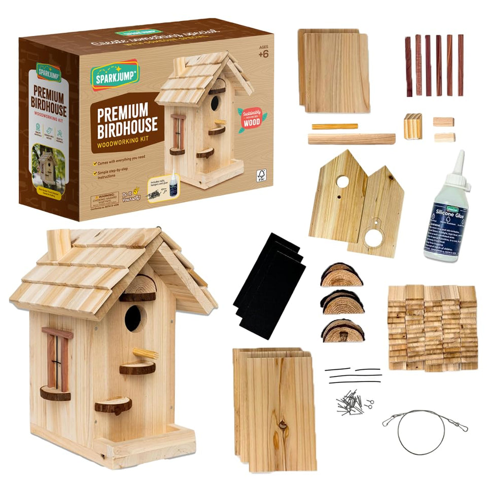 SparkJump bird house kit features cedar pieces for sturdy, craft-friendly assembly.